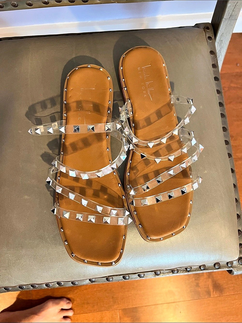 Nicole Miller Studded Clear Strap Sandals in Brown